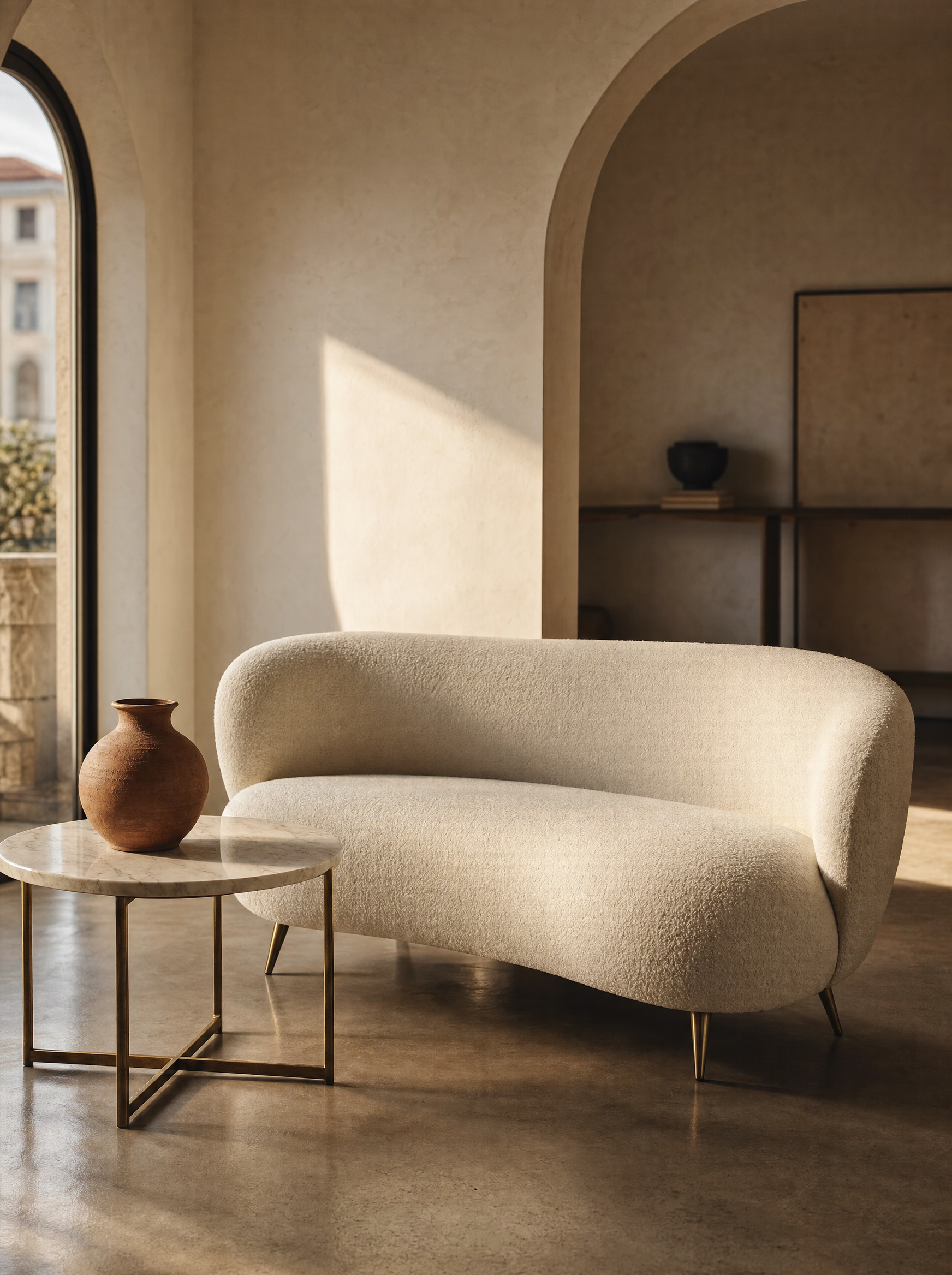 Contemporary Italian — ivory bouclé curved sofa in minimal Milan interior