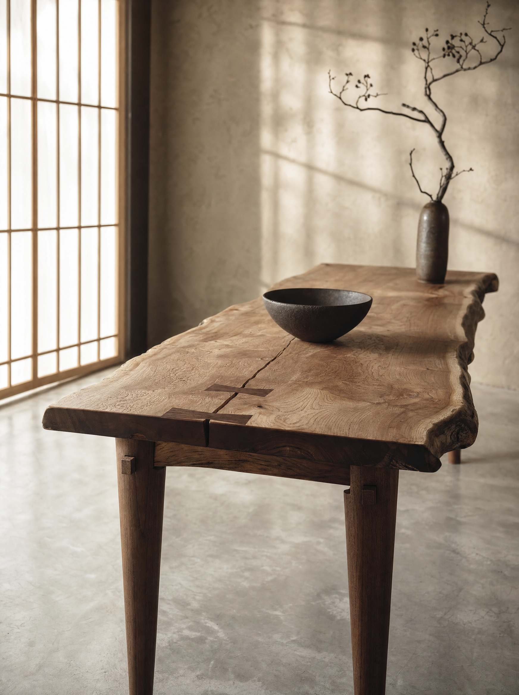 Japanese Wabi-Sabi — live-edge elm dining table with butterfly keys