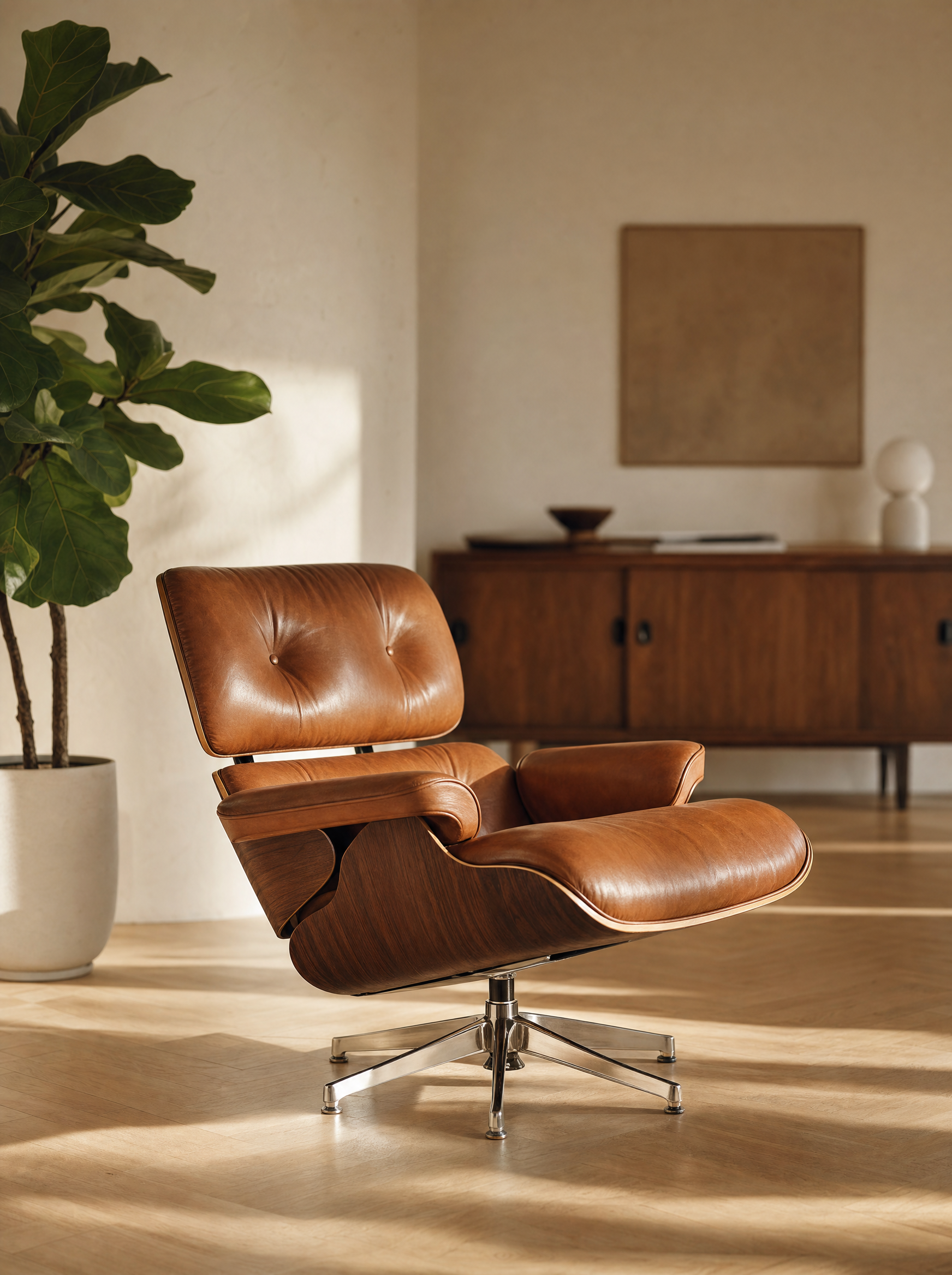 American Mid-Century — oiled walnut lounge chair with cognac leather